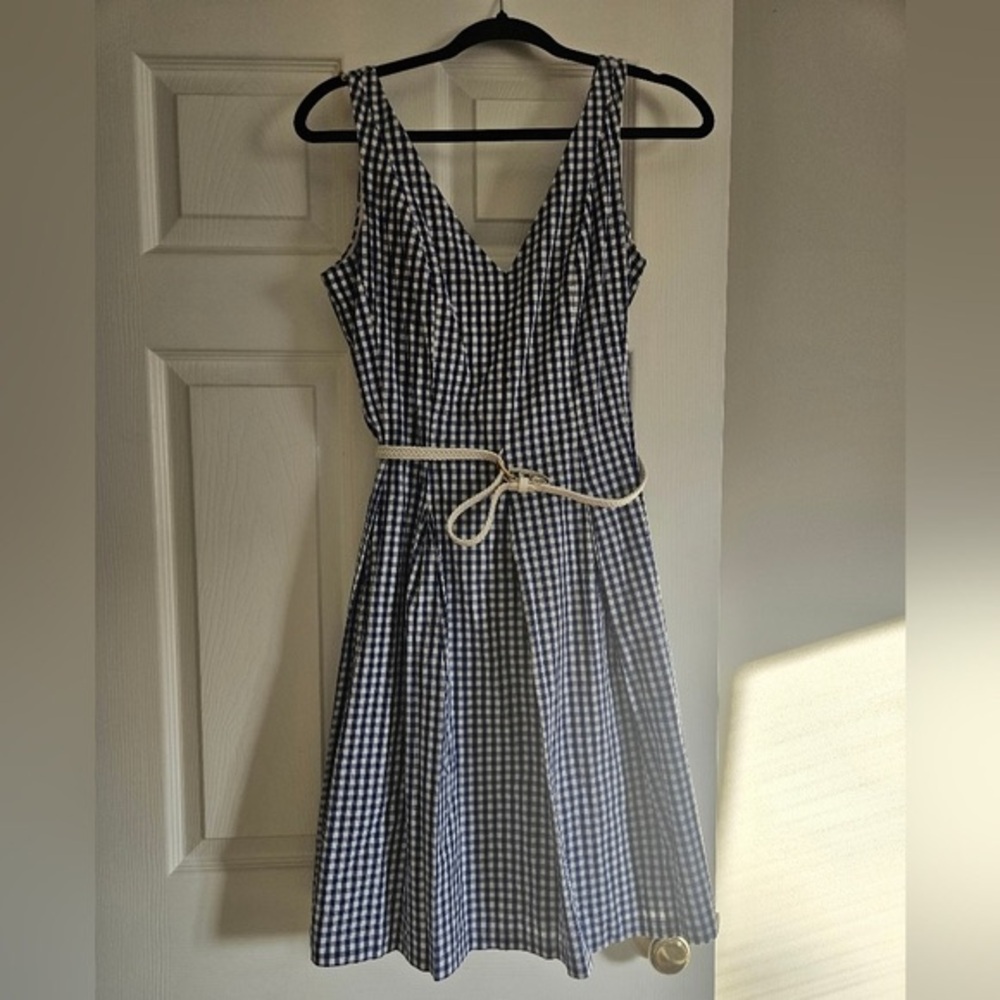 Nine West Navy and White Gingham V-Neck A-Line Dress with Rope Belt